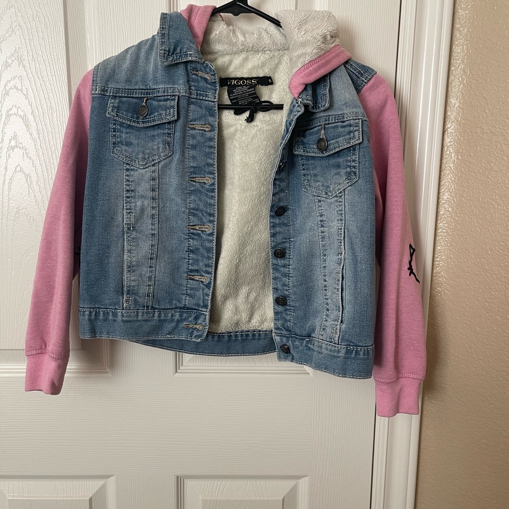 VIGOSS kids Jean jacket. Pink and denim with pink hood.